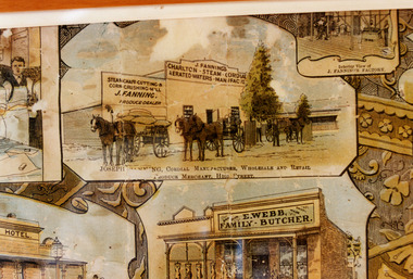 Showing horse drawn carriages in front of Cordial Manufacturer