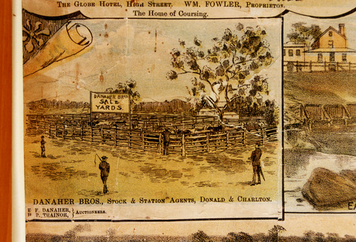 Charlton sale yards, Sign reading Danaher Bros, Stock and Station agents.