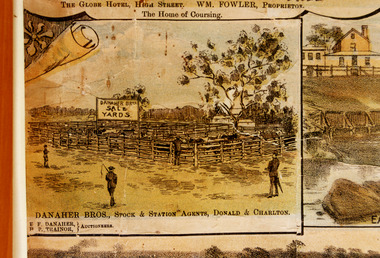 Charlton sale yards, Sign reading Danaher Bros, Stock and Station agents.