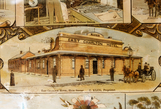 Close up of lithograph showing the East Charlton Hotel