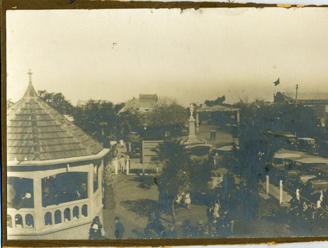 View down High Street, past war memorial. New band rotunda in foreground.
