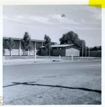 Front of brick buildings, one is the shire hall the other is the RSL club.