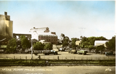 Noske Flour Mills, Charlton with tall concrete silos on the left.