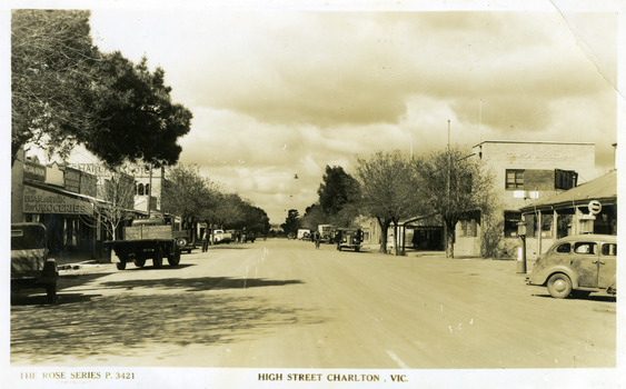 View down High Street, Charlton with shop fronts on either side.