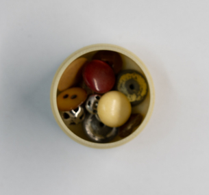 Domestic object - Cream coloured xylonite container with lid