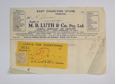 Document - Account & Receipt  East Charlton Store, Oct 1934