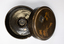 Wood, painted collar box. The lid open exposing the dark interior.