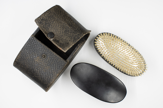 Leather case & 2 wooden backed hair brushes, bristles set in metal