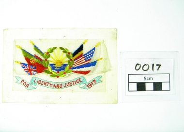 Postcard, 'Liberty and Justice' WW 1 postcard from France, 1917 - written by Leo Pallamountagne
