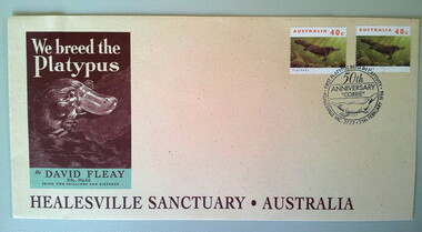 Envelope with stamps - commemorating 50th anniversary of the breeding of platypus "Corrie"