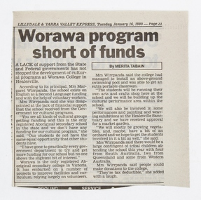 NewsPaper Cutting, Article, Tabain, Merita, Worawa program short of funds, Tuesday January 16, 1990
