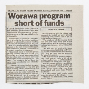 Newspaper - Cutting, Tabain, Merita, Worawa program short of funds, 16 January 1990