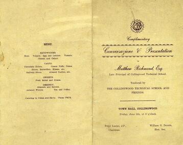 Program: for Farewell to Matthew Richmond 6 June 1930 CTS, Program for Farewell to Matthew Richmond 6 June 1930 Collingwood Technical School
