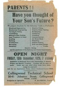 Flyer Open Night CTS 1929, Flyer for Open Night for Collingwood Technical School to be held Friday, 13th December, 1929 at 7 o'clock