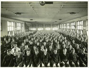 Photograph: CTS Junior School Assembly in Old School Hall 1929, Photograph of Collingwood Technical School Junior School Assembly in Old School Hall 1929