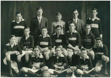 Photograph: CTS Soccer Team 1928, Photograph of Collingwood Technical School Soccer Team 1928 with trophy cup