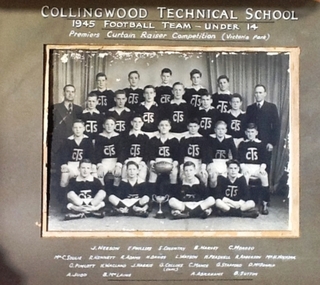 Photograph:  CTS 1945 Football team (Under 14) Premiers Curtain Raiser Comp. (Victoria Park), Photograph Collingwood Technical School 1945 Football team (Under 14) Premiers Curtain Raiser Competition (Victoria Park)