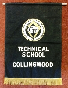 School banner: Collingwood Technical School, School banner: Collingwood Technical School Black fabric banner with gold tassell at bottom, on a timber rod