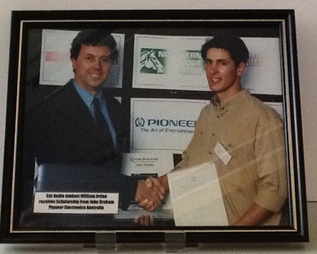 Framed photograph, Car audio student receives scholarship from John Graham Pioneer Electrics Australia