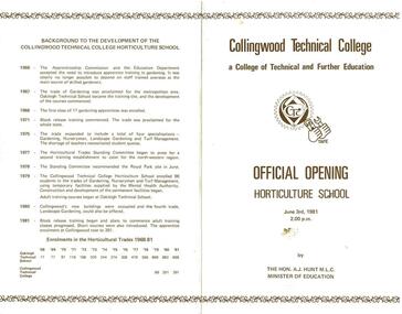 Photographs and Program: for Official Opening of Horticulture School, Collingwood Technical College 1981, Photos and Program for Official Opening of Horticulture School, Collingwood Technical College 1981