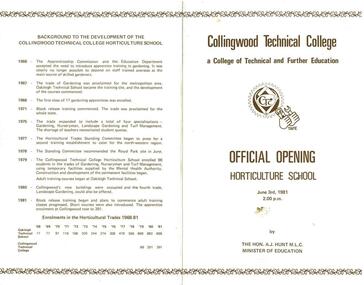 Photographs and Program: for Official Opening of Horticulture School, Collingwood Technical College 1981, Photos and Program for Official Opening of Horticulture School, Collingwood Technical College 1981