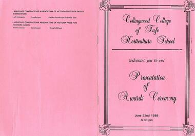 Program for Presentation of Awards Ceremony of Horticulture School, Collingwood College of TAFE June 22 1988