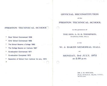 Program for Official Reconstitution of the Preston Technical School 3 July 1972