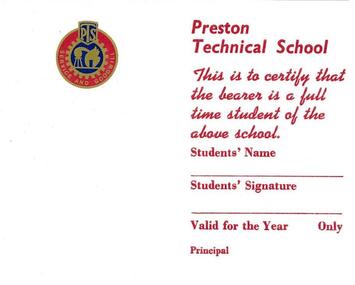Cards: Preston Technical School student card 1960s
