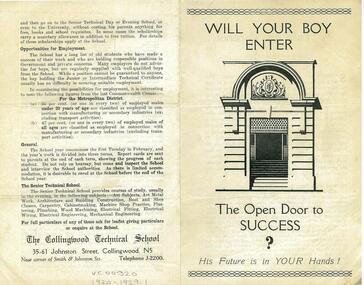 Brochure: 'Will your boy enter The open door to success: enrol now' Collingwood Technical School 1926