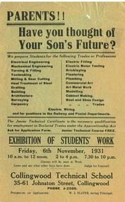 Brochure: 'Parents!! Have you thought of Your Son's Future?' 1931