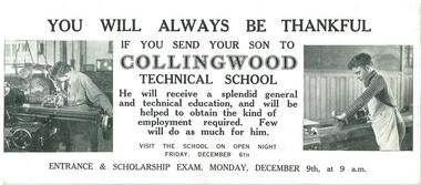 Card: ‘You will always be thankful if you send your son to Collingwood Technical School’ c1915