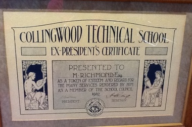Certificate: Ex-President's to Mathew Richmond 1932, Framed Ex-President's certificate to Mathew Richmond 1932 from