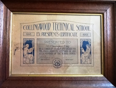 Certificate: Framed Ex-President's to M Hannah 1912-13 CTS, Framed Certificate Ex-President's to M Hannah 1912-13 CTS
