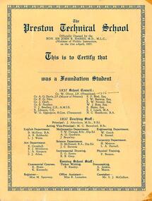Certificate: Foundation student, Preston Technical School 1937