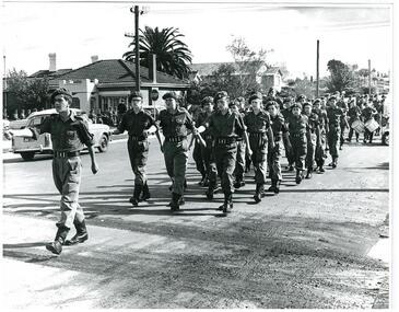 Photograph: PTC students in Cadet uniforms marching c1960s, Photograph: Preston Technical College students in Cadet uniforms marching c1960s