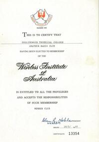 Certificate: CTC 1981 Membership of Wireless Institute of Australia