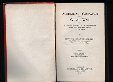 Book, McMillan, Australian campaigns in the Great War : being a concise history of the Australian naval and military forces, 1914 to 1918, 1919