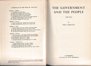 Book, Australian War Memorial, The government and the people, 1939-1941, 1952