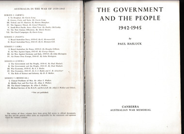 Book, Australian War Memorial, The government and the people, 1942-1945, 1970