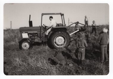 Photograph of school group and tractor