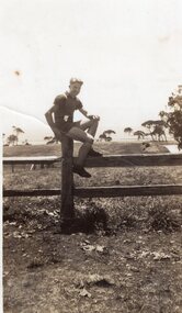 Photograph of man sitting on a fence, c.1940s