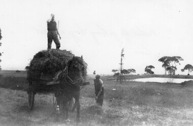 Photograph - Black and white photograph of two men gathering hay, c.1939