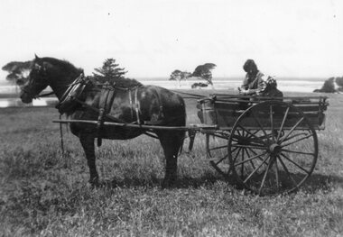 Black and white photograph of two woman in a cart