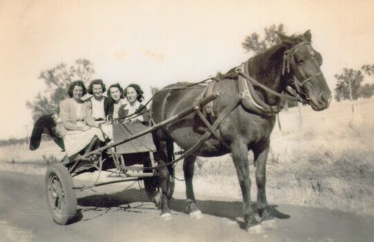 Photograph of women in a cart