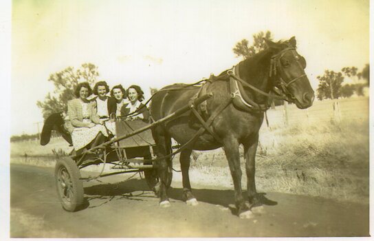 Photograph of women in a cart