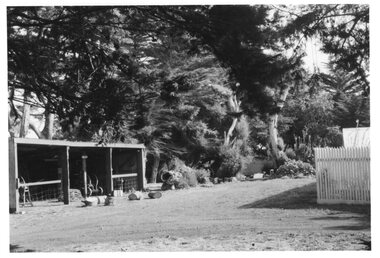 Photograph of shed with garden and fence