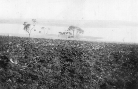 Photograph of ploughed field leading to shoreline