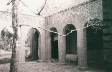 black and white photograph of courtyard