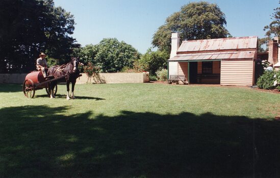 Photograph of a horse hitched to the Furphy cart in front of Rogers Cottage