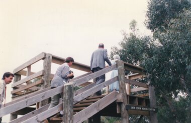Photograph of people climbing stairs to a viewing platform